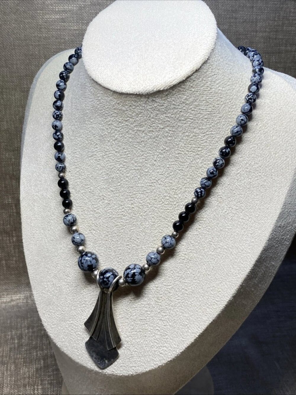 Vintage Sterling Silver Snowflake Obsidian Necklace Modernist Pendant 17”